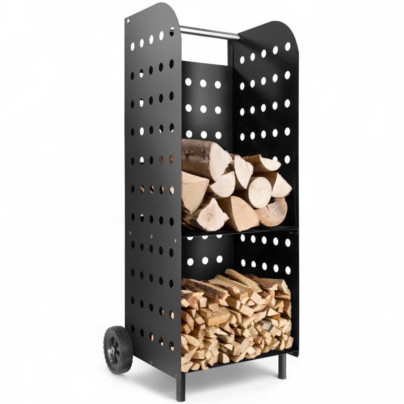 tectake® Carretilla de Chimenea, Carro de Leña con Ruedas Robusta, Bandeja Adicional, Asa de Acero Inoxidable, Estructura Estable de Chapa Perforada, Estante Leña, Leñero Exterior - Negro