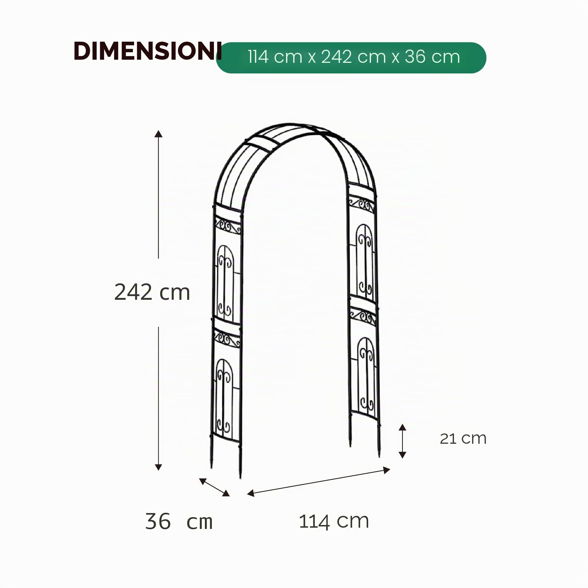 GARDEN Arco per Rose Rampicanti, Decorazione Giardino, in Metallo, Resistente, 220 x 114 x 36 cm, Design Romantico, Nero