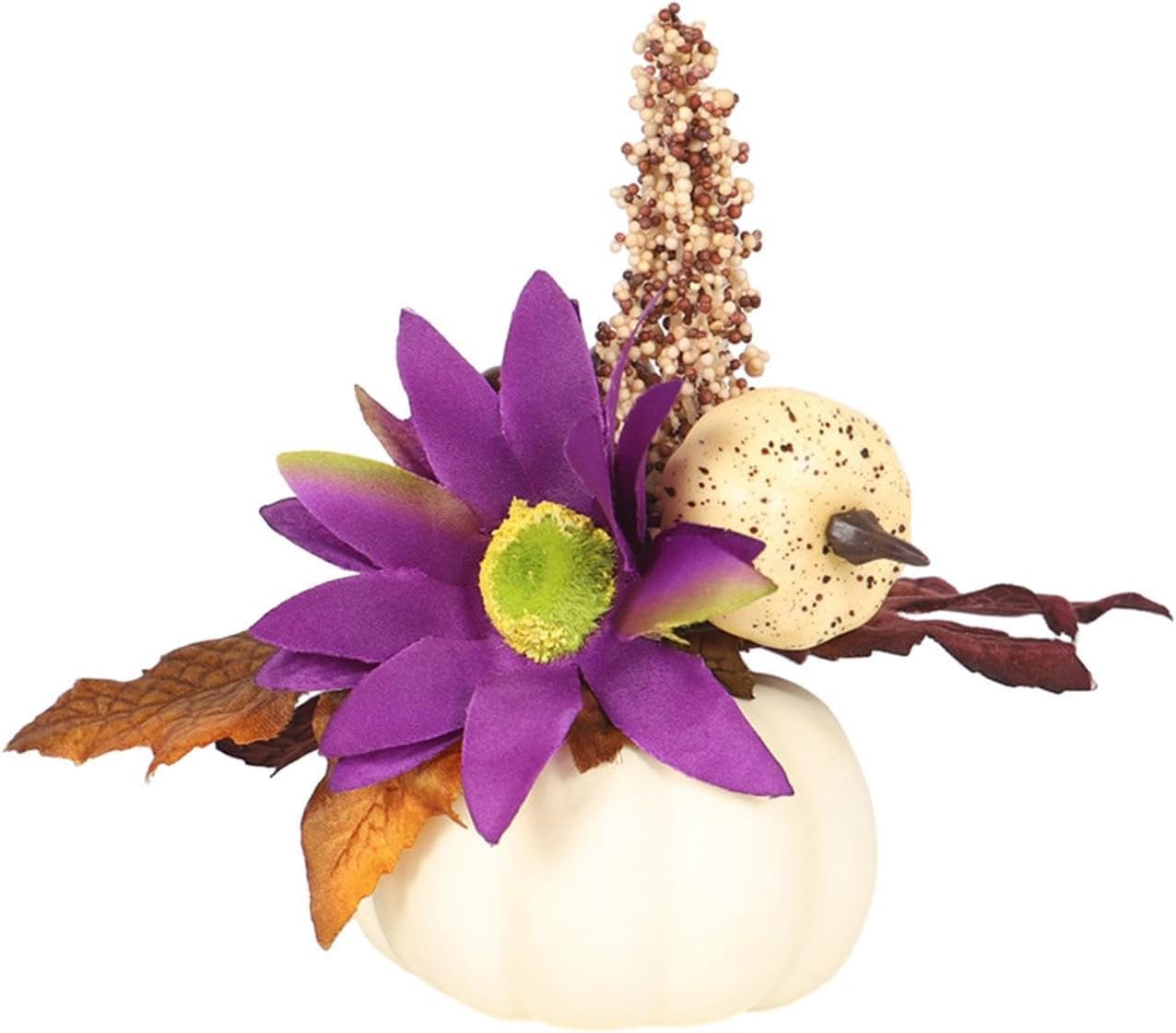 Artificial Pumpkin Ornament Autumn Pumpkin Table Statue Artificial Pumpkin with Maple Leaf Fake Pumpkin Statue for Thanksgiving Fall Table Decorations - White