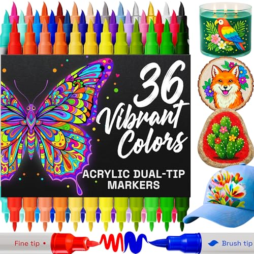 Image of ARTISTRO Acrylic Glass Markers for Wine Glasses and Drinkware (36 Pack), Vibrant Dual Tip Paint Pens for Party Charms & Bar Tools (Brush + Fine Tips)
