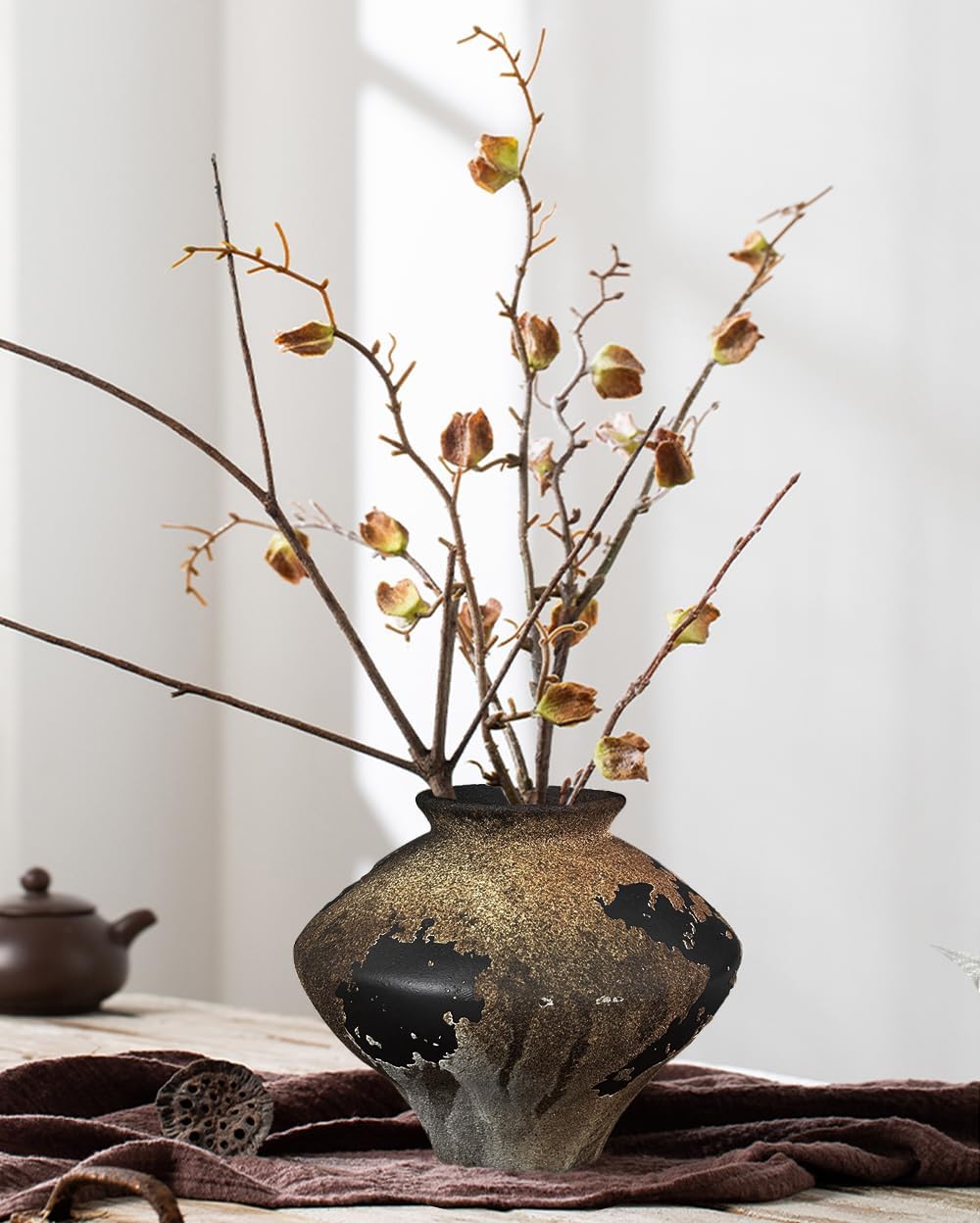 Rustic Ceramic Vase Farmhouse Decor Handmade Distressed Pottery Boho Flower Vase Centerpiece for Dried Pampas Grass, Home & Table Decor Living Room, Kitchen (Brown)