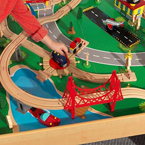 KidKraft Juego de Tren y Mesa de Madera Waterfall Mountain con Cajas de Almacenamiento, Circuito de ferroviarias con Coches, helicóptero y avión de Juguete niños 3+ años (17850)