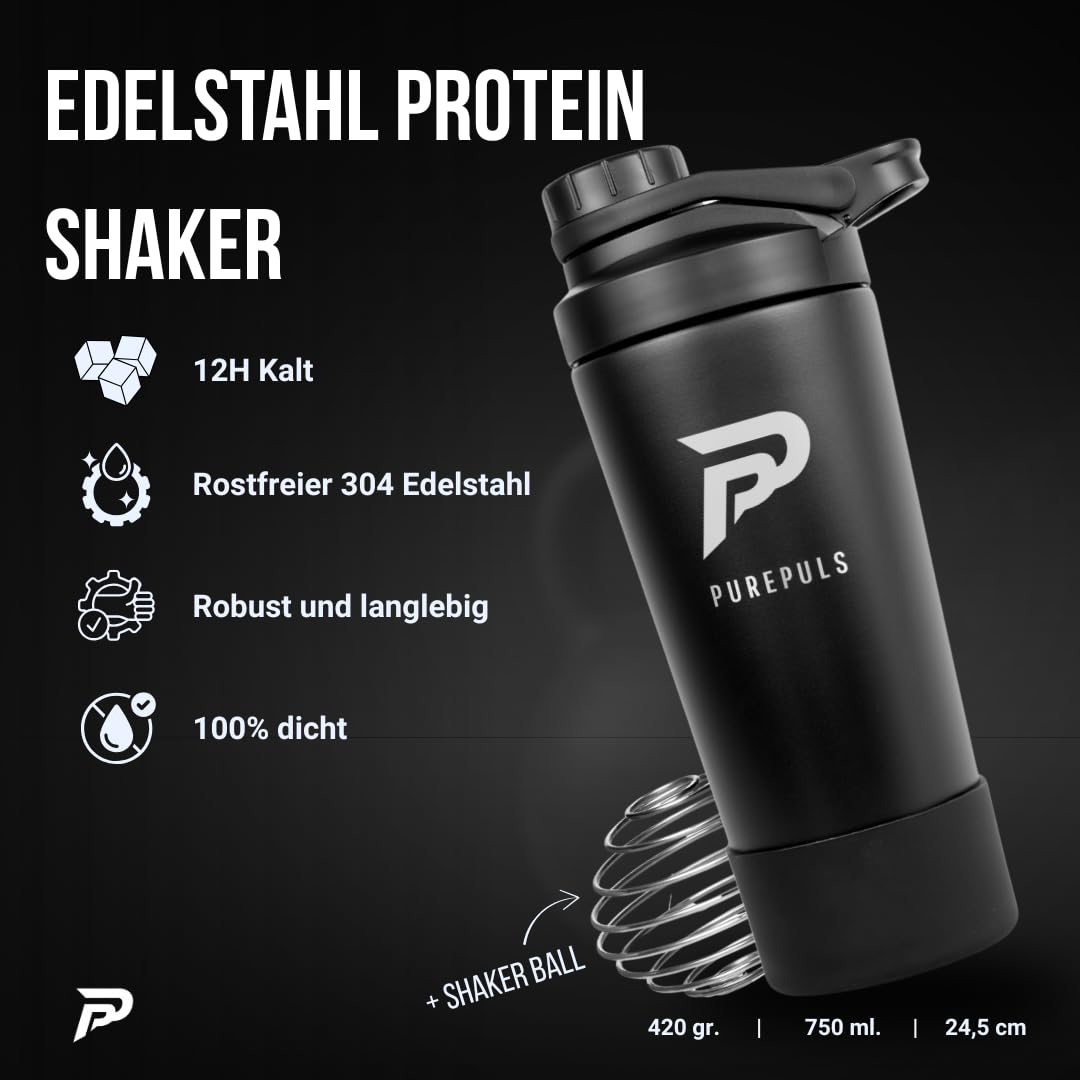 Protein Shaker Edelstahl 750 ml Schwarz — Doppelwandig Isoliert, Auslaufsicher mit Schraubverschluss, Mix-Ball inklusive & Frucht-Infuser, 304 Edelstahl, BPA-frei, Spülmaschinenfest (45°)
