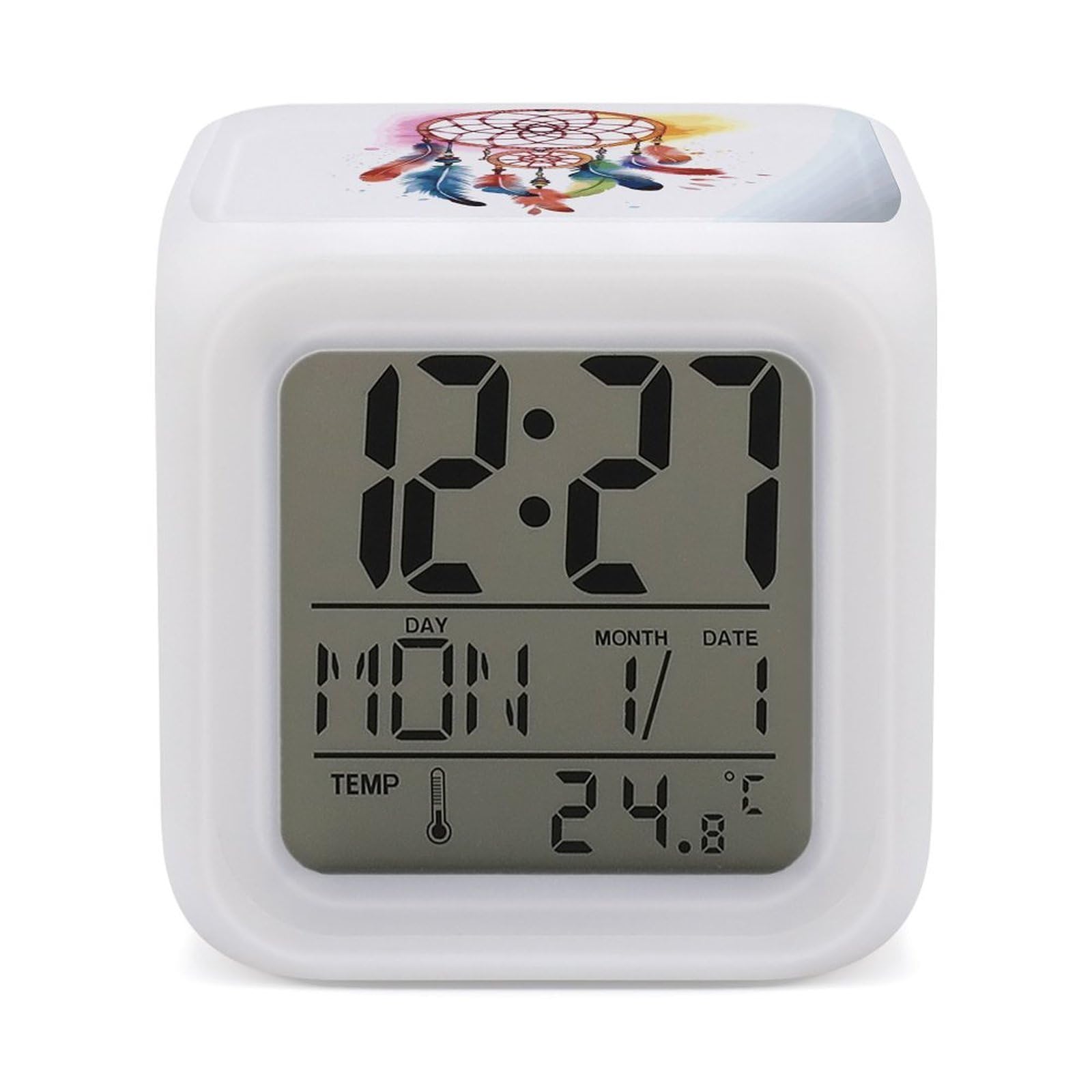 VstaDank Watercolor Dream Catcher Alarm Clock with 7 Color Changing Night Light Date Temp Display Wake Clocks LED Display Digital Clock Electric Desk Clocks for Living Office Bedroom Decor