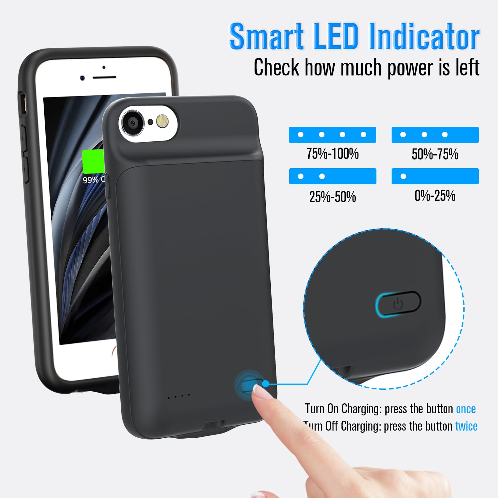 Etui na baterie do iPhone 6/6s/7/8/SE 2020/2022 [4,7''], 6000mAh ładowalna obudowa ładowarki Power Bank Backup Charger Case