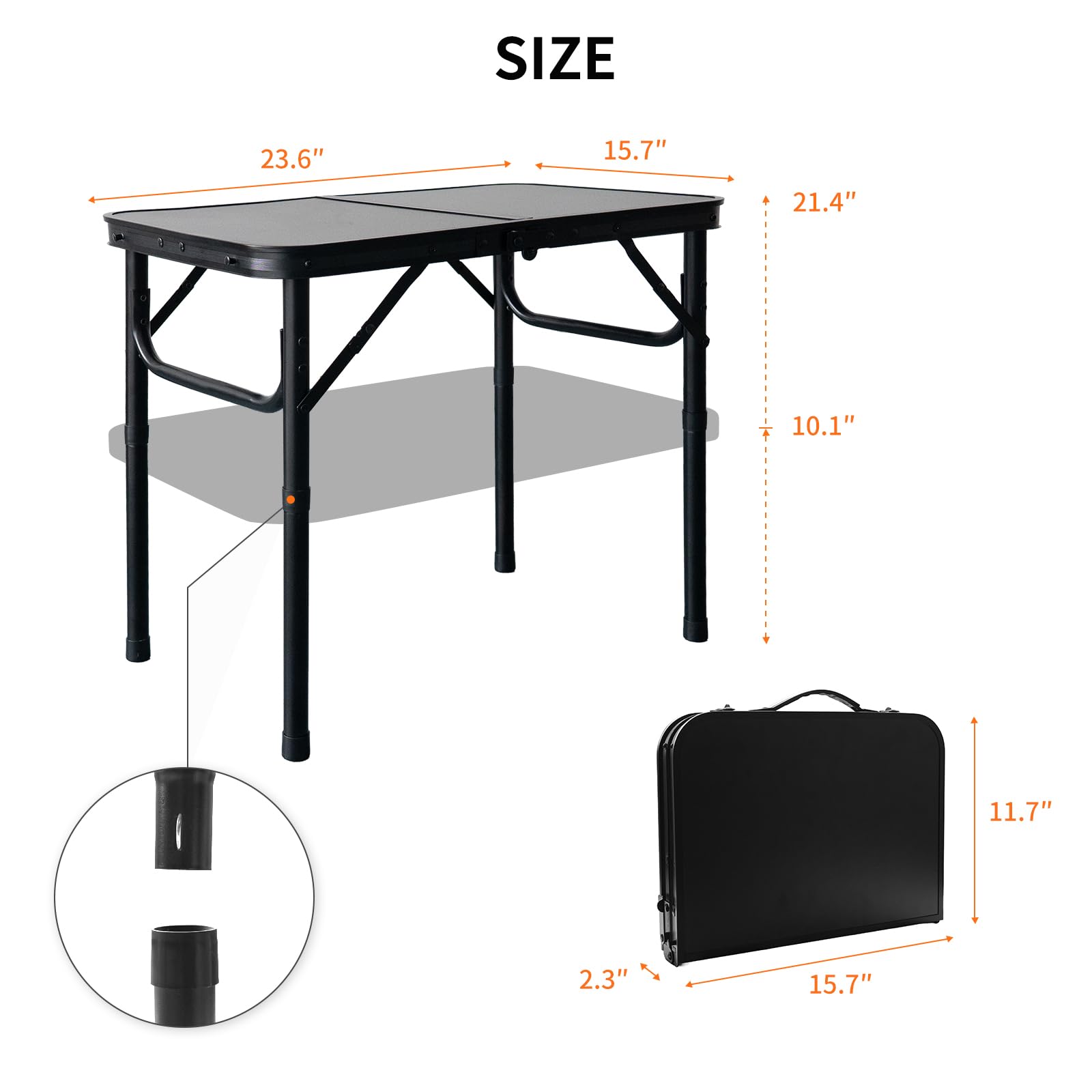 Mesa Plegable Camping 60x40 cm, altura ajustable 26/55 cm, con asa; patas de aluminio y tablero MDF fácil de limpiar, ligera y fácil de transportar para balcón, terraza y playa, picnic y pesca, negro — view 8