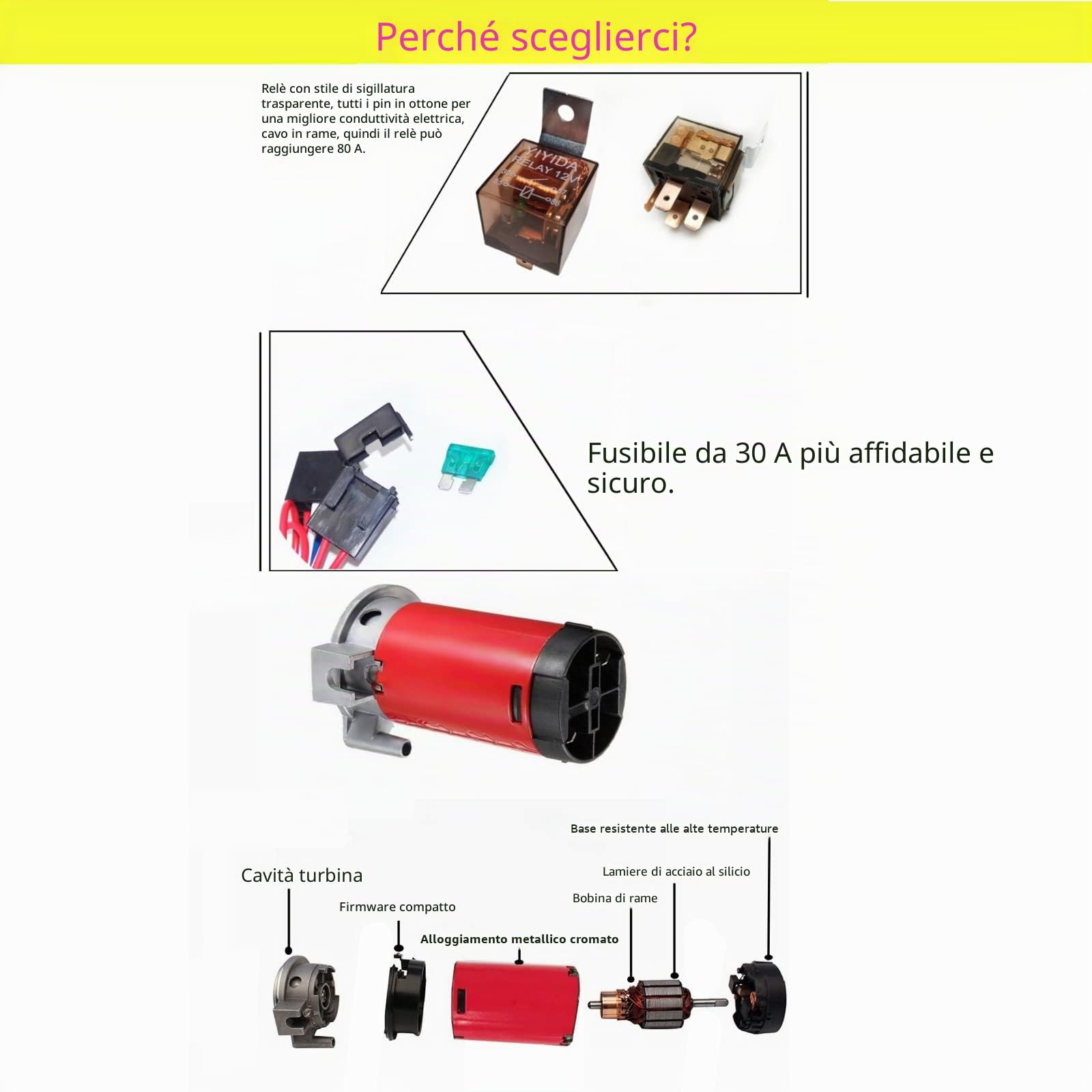 Clacson per auto Clacson ad aria 175db Corno d'aria per auto Tromba zinco cromato argento Car Horn tono alto e basso tono Doppio tubo con pompa di aria rossa Air Horn per 12V camion yacht ecc