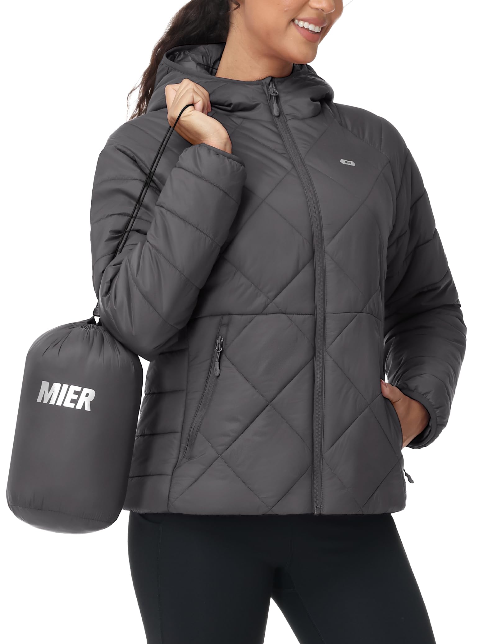 MIER Piumino da donna leggero, ripiegabile, trapuntato, con cappuccio e tasche, caldo invernale, imbottito, impermeabile