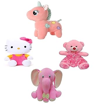 Unique Sale Combo Pack of 4 Hugable Lovable Unicorn, Elephant, Hello Kitty, Teddy Bear Soft Toy for Kids Multicolored Plush (30cm)