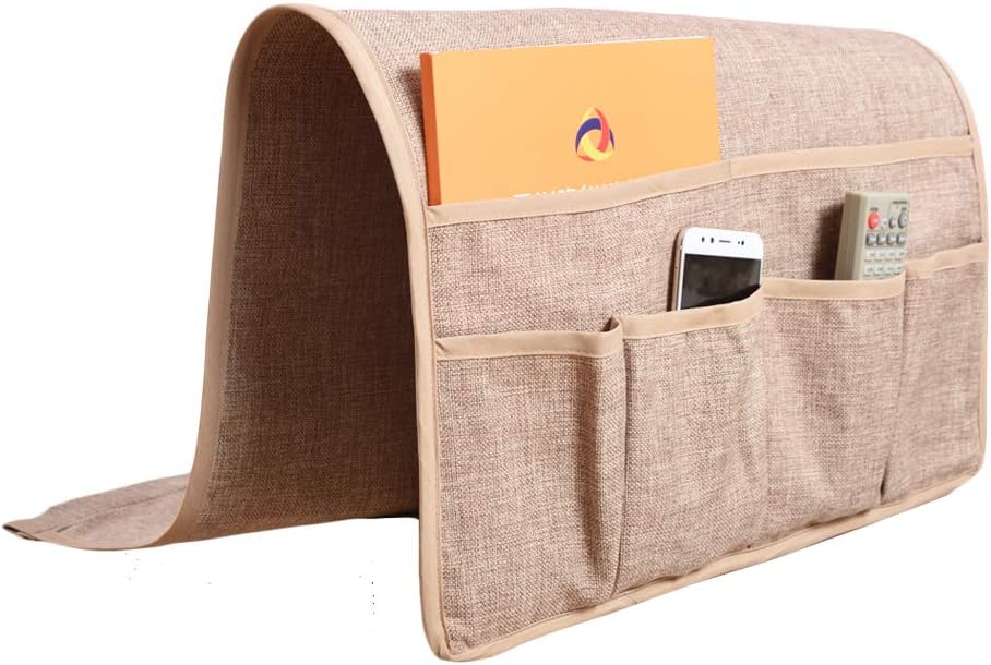 Kotile Couch Sofa Chair Armrest Caddy Organizer with 6 Pockets Faux Linen, Elegant Armchair Caddy Fits Remote Control Organizer, Cell Phone, Glasses, Magazine Holder (Khaki)