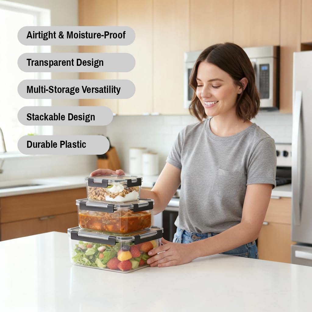 Pack of 3 Vacuum Food Storage Containers with Lids - Airtight, Moisture-Proof, Stackable Plastic Set for Pantry Organization & Kitchen Storage Essentials (3, Rectangular)