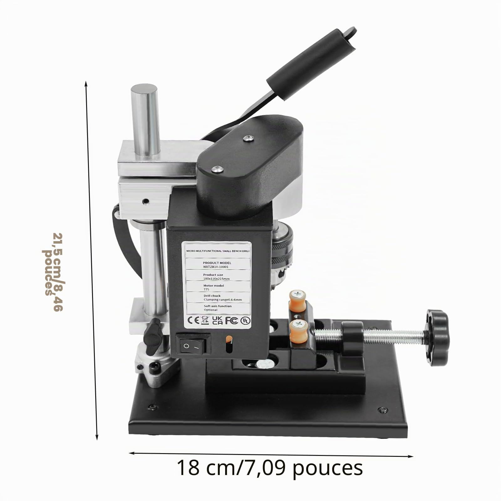 Perceuse d'établi, perceuse à colonne, 7 vitesses, vitesse réglable, plage de serrage 0,6-6 mm, pour noyau d'olive, bois, plastique, acrylique, PVC