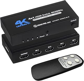 4K HDMI Switch 4x1, 4K@60Hz 4 in 1 Out HDMI Switcher Selector with IR Remote Control, Supports HDCP 2.2 4K@60Hz UltraHD HDR10 3D HD1080P Dolby DST, HDMI Splitter for PS4 Xbox Apple TV Fire Stick
