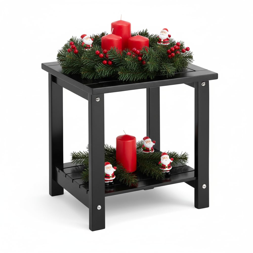DPWOODON 2-Tier Adirondack Outdoor Side Table, 16.6" Acacia Weather-Resistant End Table with Shelf for Patio, Garden, Lawn, Living Room (Black)