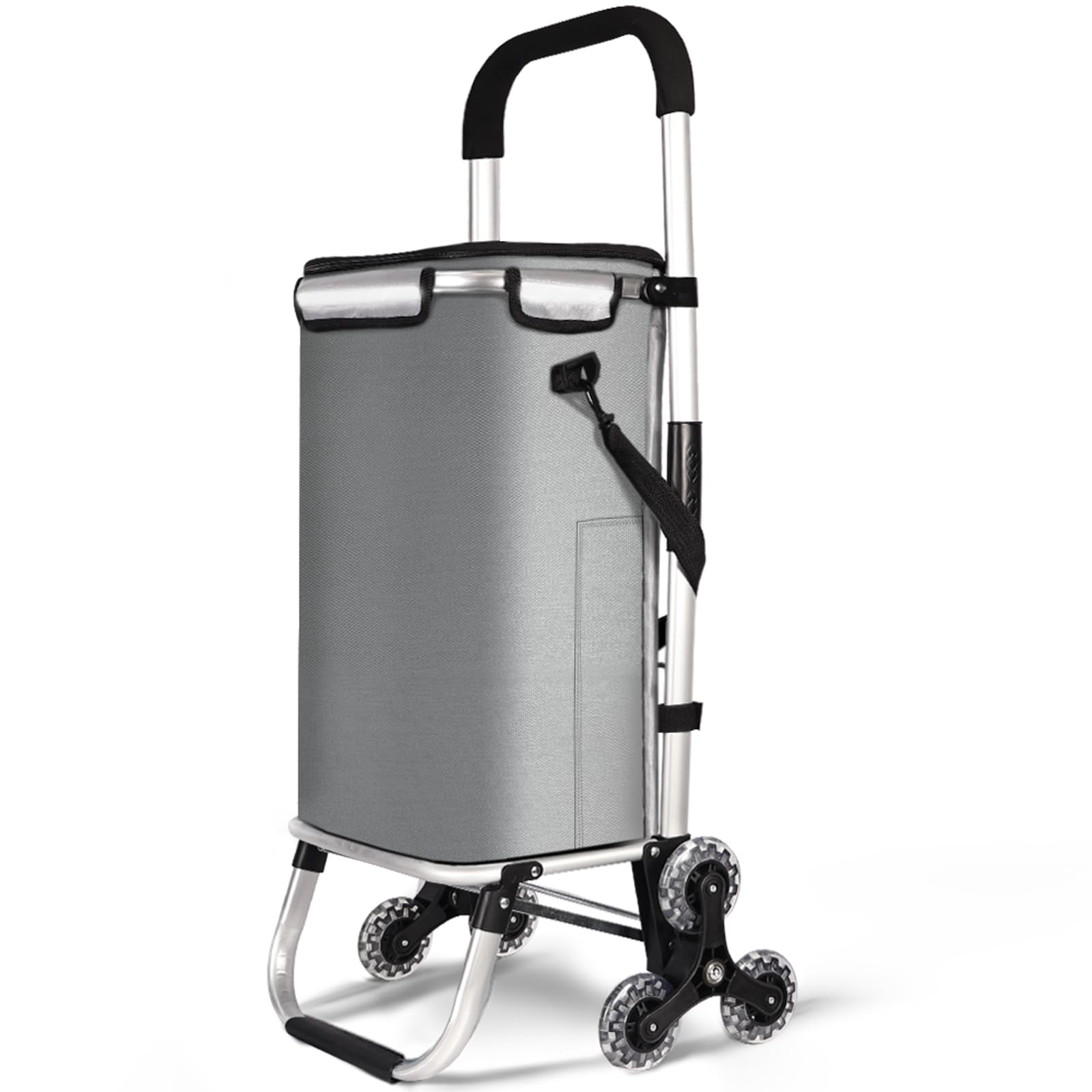 VOUNOT 6-Wheel Folding Shopping Trolley - Insulated Cooling Bag - 58L - Grey Aluminium