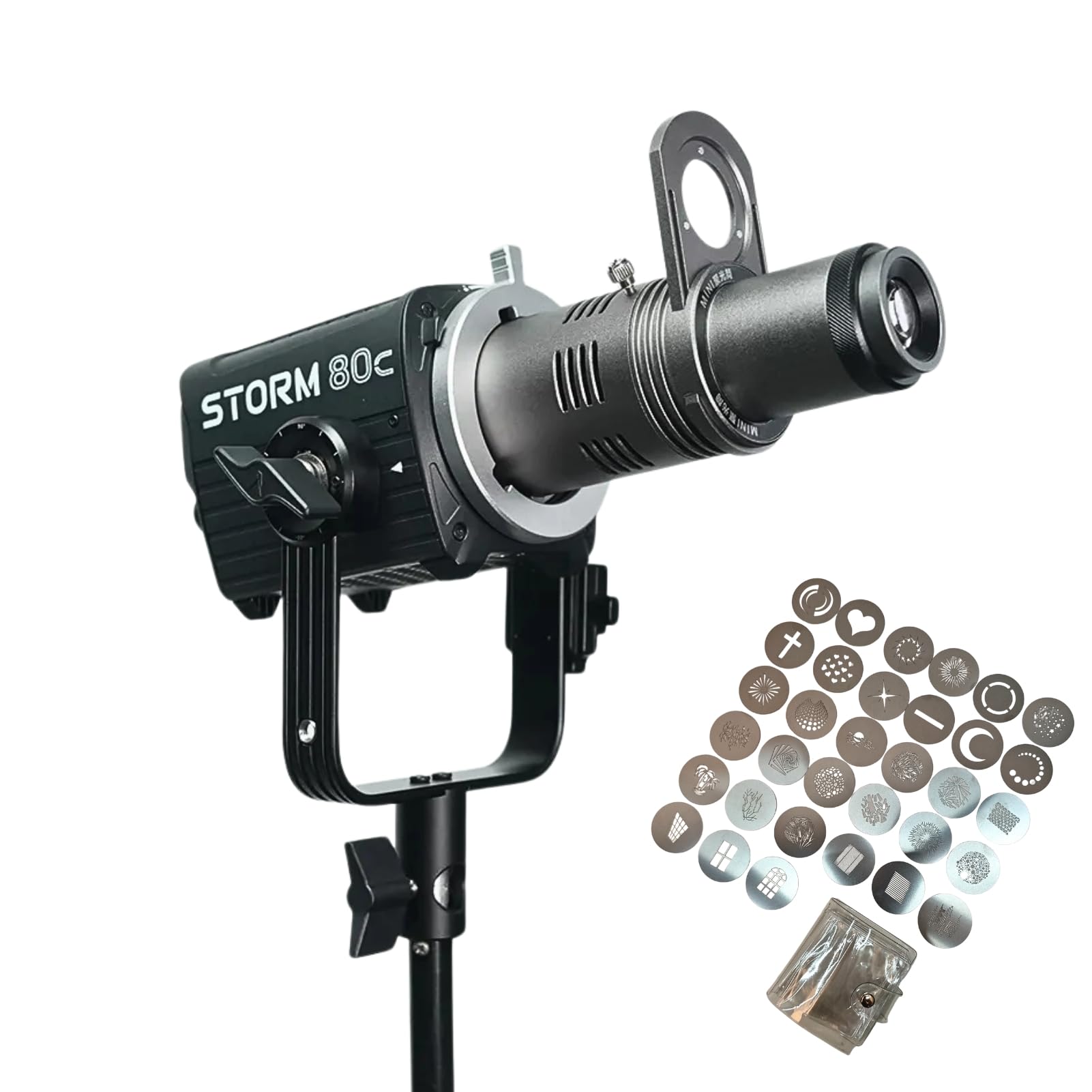 Aputure Storm 80C Mini Optical COB Light Snoot Include 33 filtri Gobo e album Gobo in PVC trasparente, doppio slot magnetico, messa a fuoco regolabile, telaio in alluminio per effetti