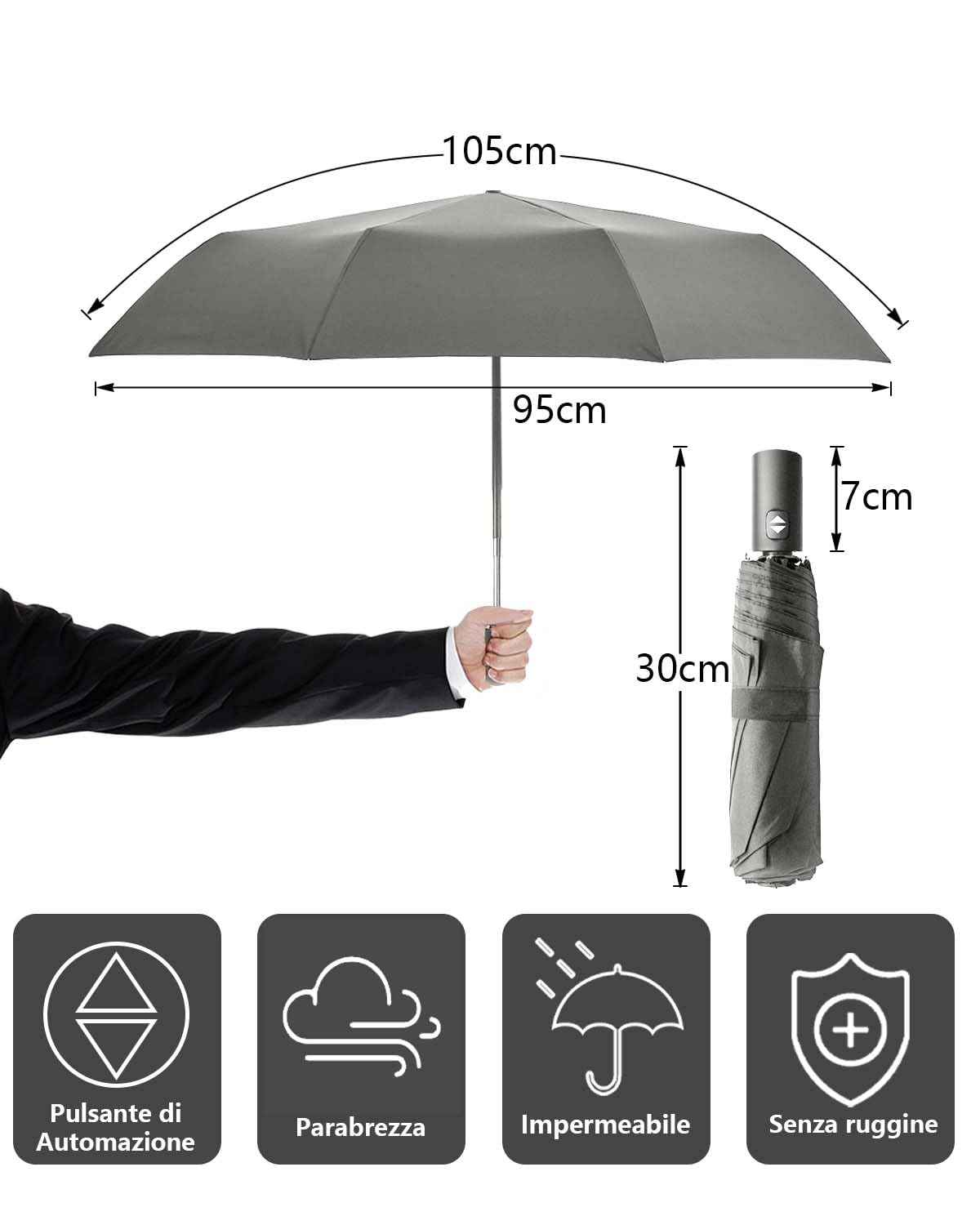 HW CASA Ombrello Pieghevole Antivento,105CM Ombrello Automatico,8 Stecche Rinforzo in Fibra di Vetro Ombrello Antivento Robusto,Compatto e Portatile Ombrello da Viaggio,Ombrello Uomo e Donna