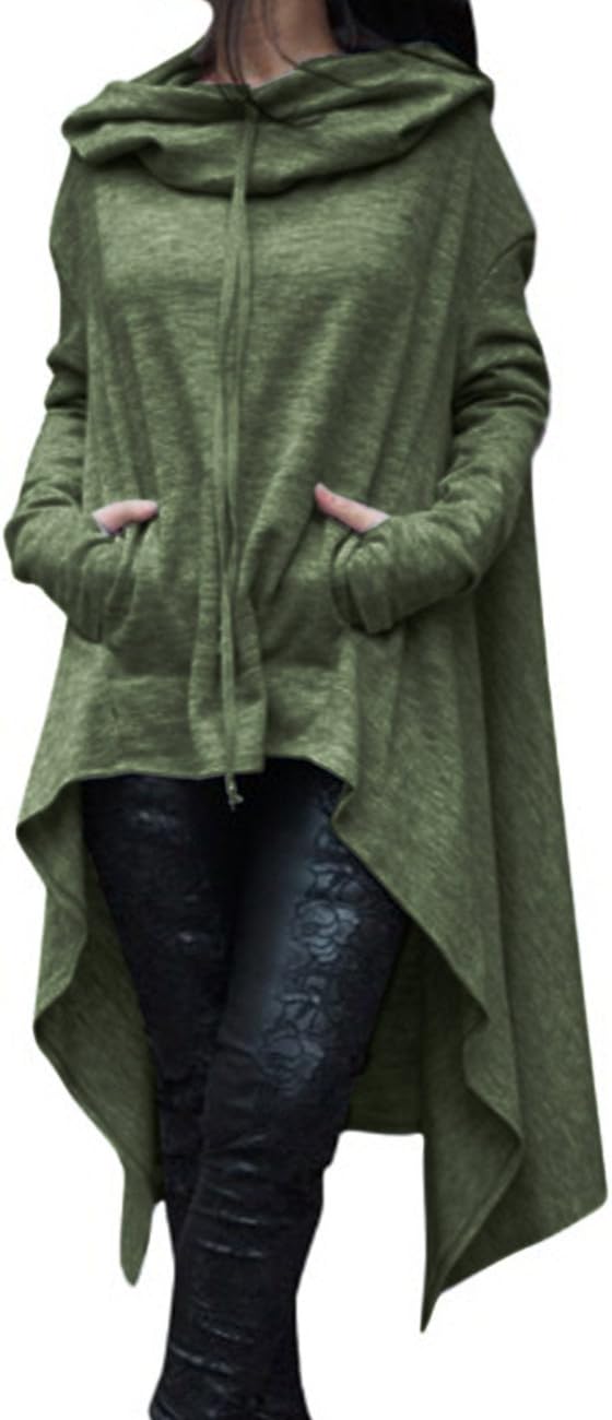 Sexyshine Women's Asymmetric Hem Solid Long Sleeve Loose Casual Pullover Hoodies Sweatshirts Maxi Dress Tunic Tops S-4XL