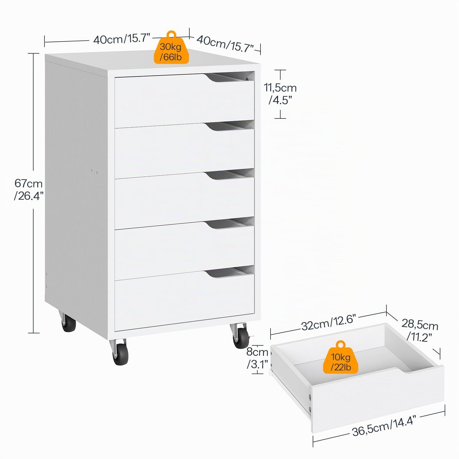 HOOBRO Rollcontainer mit 5 Schubladen, mobiler Aktenschrank mit 4 Lenkrollen, Schubladenschrank, Büroschrank, Bürocontainer, Schreibtisch Unterschrank für Arbeitszimmer und Wohnzimmer, Weiß EWT15WJ01