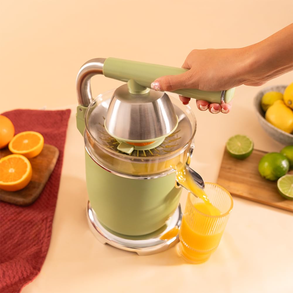Cecotec Presse-agrumes électrique Xqueeze RetroJuice 1000 Green. Pour oranges et agrumes, 1000 W, filtre inox, 2 cônes amovibles, capacité 500 ml, compatible lave-vaisselle.