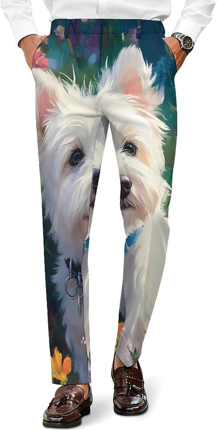 West Highland Terrier in The Garden Men's Classic Fit Suit Pants Straight Leg Design Printed Trousers