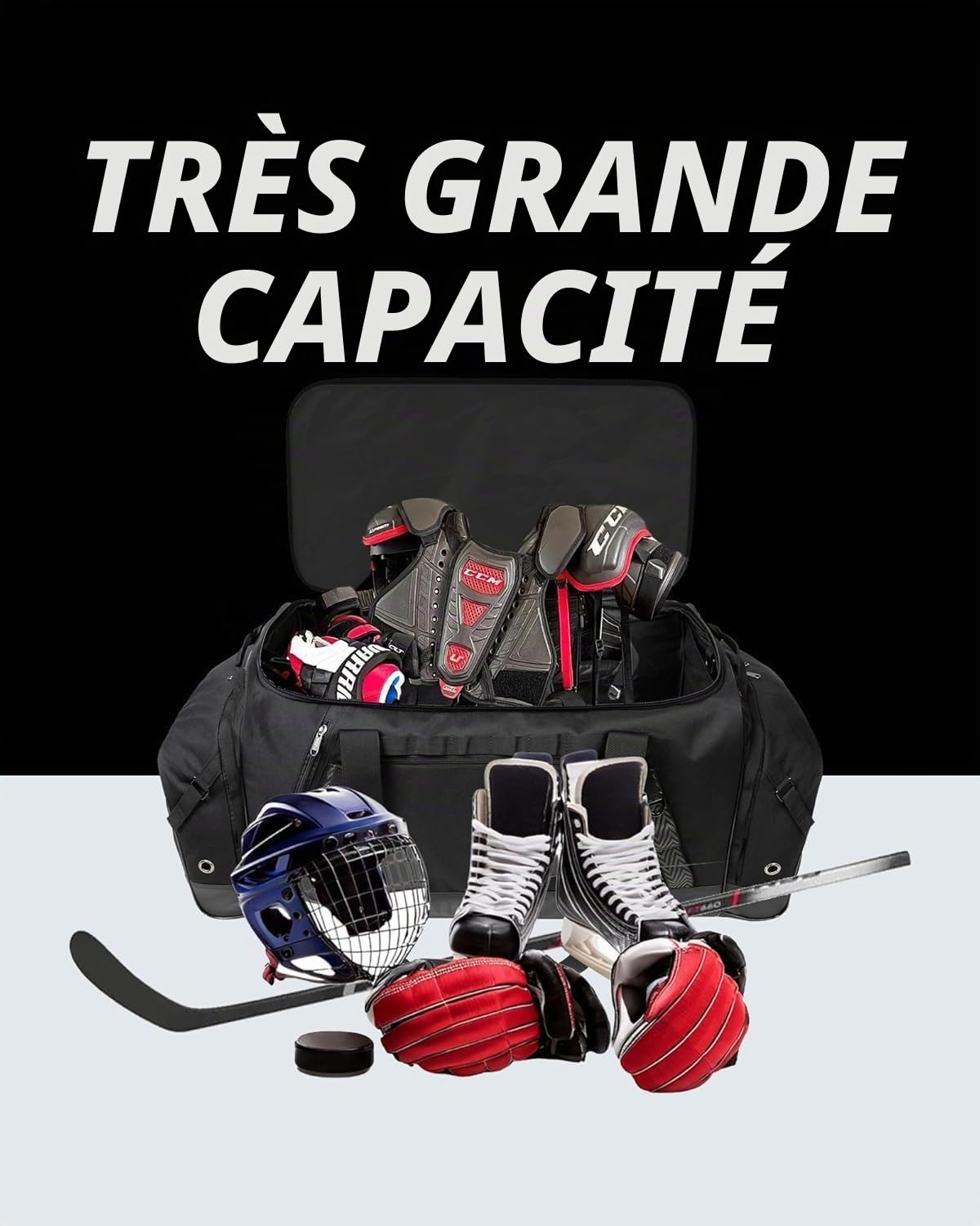 TRAILKICKER Sac de hockey – Sac à dos de hockey extra large – Peut contenir tout l'équipement de hockey ou de hockey sur gazon – Deux supports de bâtons et un compartiment séparé pour crampons – Noir
