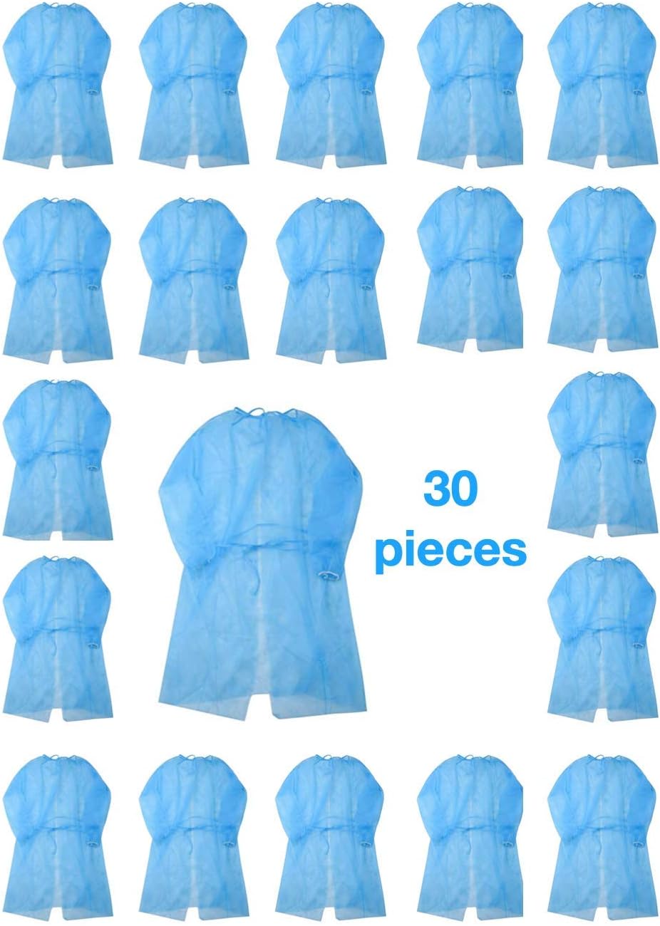 Leo Disposal Protective Isolation Gown - 30 pcs Blue. Latex Free,Non-Woven, Fluid Resistant,ONE Size FITS MOST