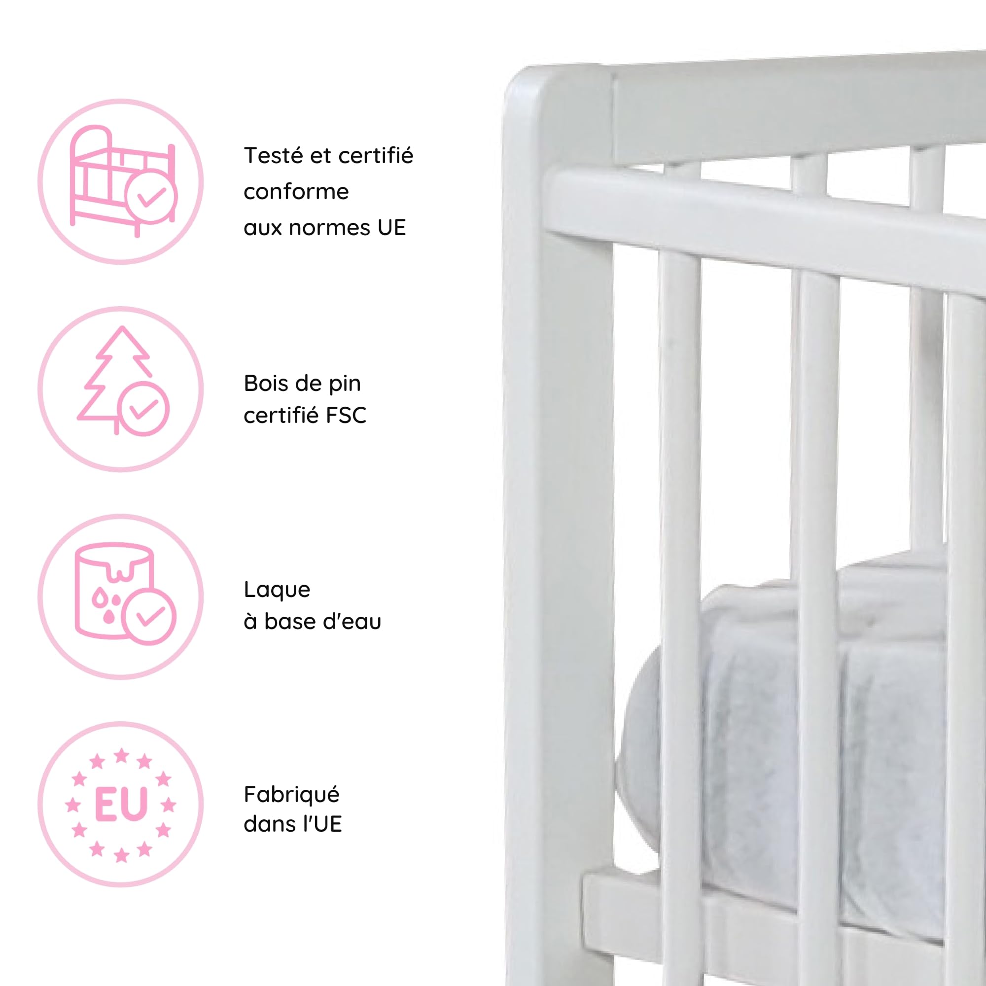 Lit Bébé 60x120 cm Lit à barreaux Évolutif Set Complet avec Matelas et Sommier 3 Hauteurs Tiroir, Barreaux Amovibles | Pin Massif Blanc