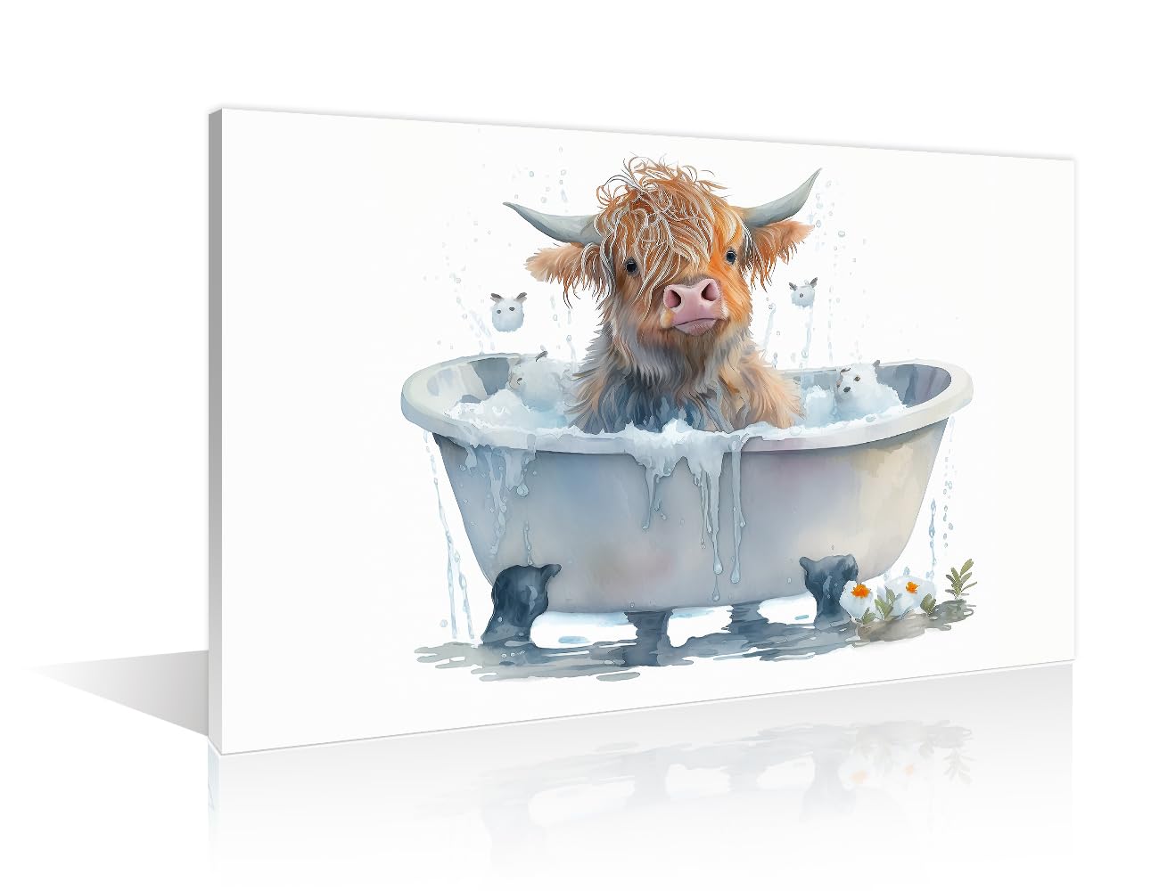 TISHIRON 1 Panels Office Decor Highland Cow Bathroom Wall Art Longhorn Cow Bathtub Wall Decor Bathtub Animal Highland Cattle Wall Decor for Bedroom Posters & Prints Framed Ready to Hang (16" Wx24 H)