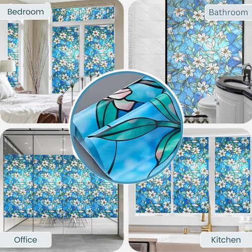 Image of WISDOM Premium Frosted Glass Window Film Self Adhesive Decorative Glass Window Privacy Sheet Film UV Control Removable Vinyl Privacy Film (Blue Lilly Orchid Flower, 12x36 Inch)