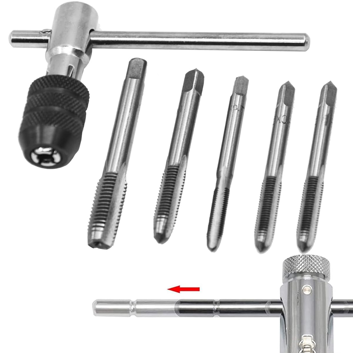 Silver Metric Metal Hand Thread Taps, 6pcs M3-M8 Ratchet Tap Re-Threading Tool, Adjustable Tap Threading Wrench SetCombination for Tap and Die Sets Cutting External and Internal Thread