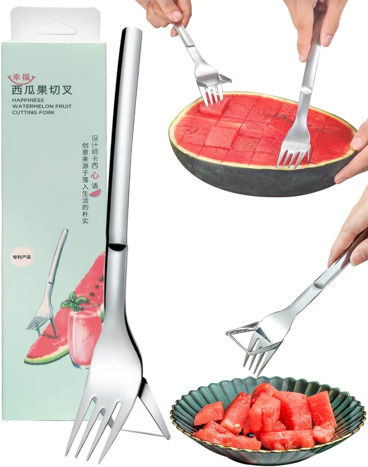 Watermelon Slicer Cutter, 2-in-1 Watermelon Fork Slicer, Summer Watermelon Cutting Artifact, Stainless Steel Fruit Forks Slicer Knife for Family Parties Camping