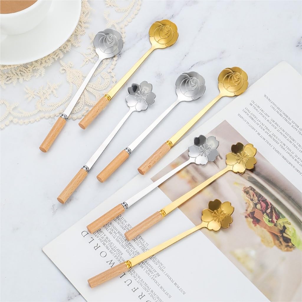 Spoons 4-Piece Wooden Handle Stainless Steel Cherry Blossom Spoon Rose Spoon Coffee Stirring Spoon Dessert Spoon Tea Spoon