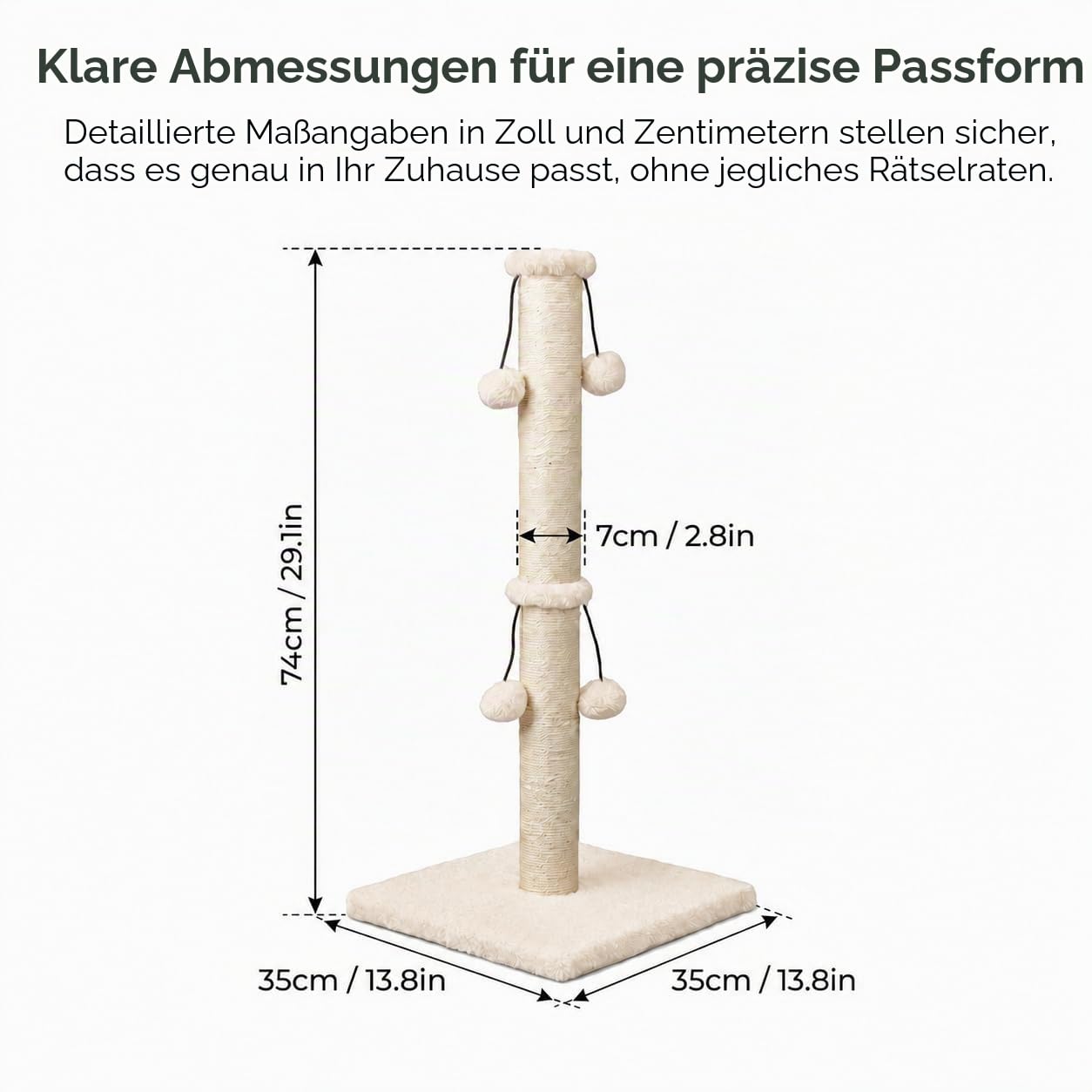 Dimaka Kratzbaum für Katzen, 73 cm, natürliches Sisalseil, Kratzbaum mit 4 Spielbällen für große Katzen, Beige
