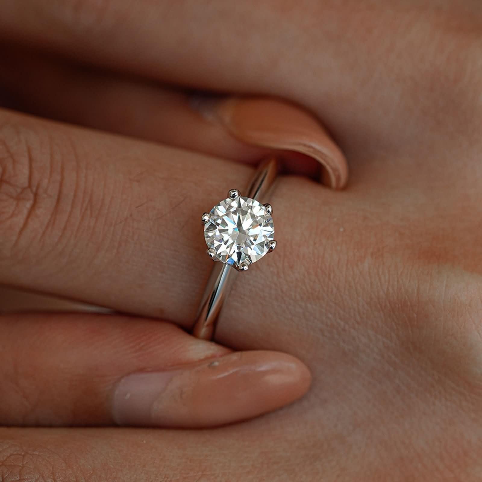 Anillos para mujer, anillos para mujer, delgados, 6 dientes, solitario, redondo, con moissanita de 5 quilates, plata de 18 quilates, oro blanco, talla 62 (19,7)