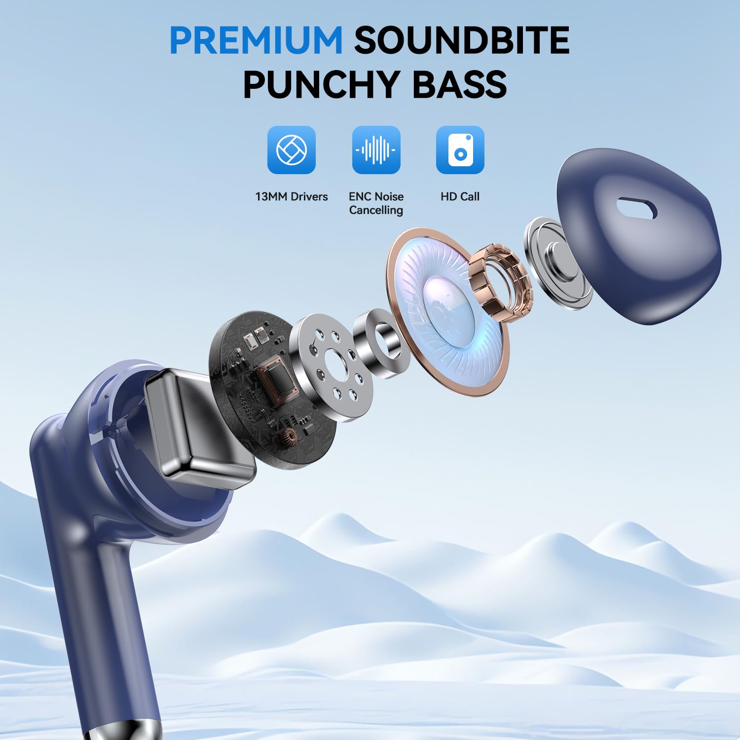 Wireless Earbuds, Bluetooth 5.4 Bass Stereo Headphones with 4 ENC Mic, 50H Playback Ear Buds with Charging Case LED Display,Sport Earphones IPX7 Waterproof for Phone, Android, Pad, Blue - 3