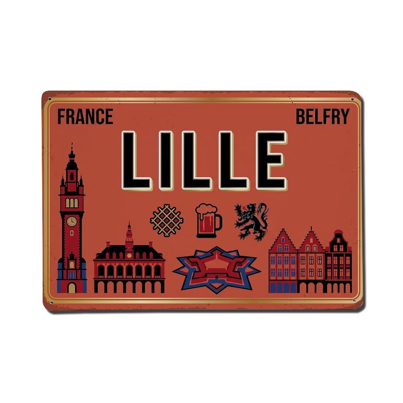 Cwbufd 8X12inch(20X30cm) Vintage Travel Lille Belfry Waffle Flemish Metal Tin Sign Plaque Wall Decor For Cafe, Club Bar, Office, Garden Metal Poster 8X12inch