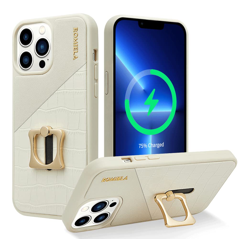 JLFCHROMIELA for iPhone 14 Plus Case 6.7 inch, Compatible with Magsafe Built-in 360°Rotatable Ring Stand, 3 Fingers Kickstand Comfy Secure Grip Slim Cover Case- Crocodile Beige