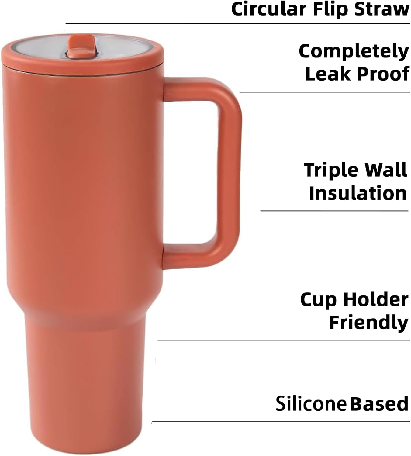 40 oz Insulated Tumbler with Handle,Flip Straw,Lid & Rubber Base Stainless Steel Water Bottle - Leak Proof Vacuum Insulated Mug BPA Free Reusable Travel Cup Gifts for Women/Men (reddish-rust colored) - Image 7