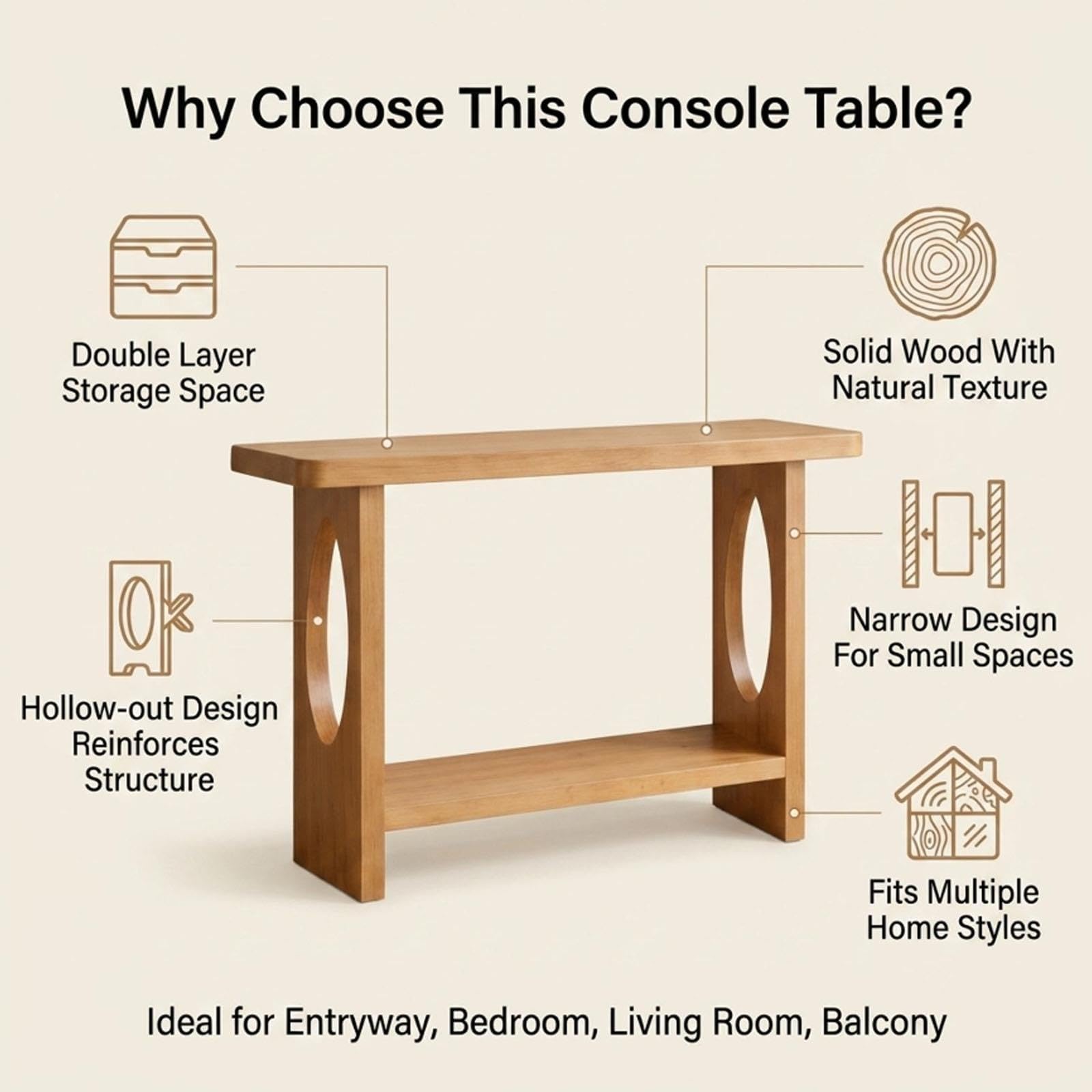 Tavolo Console Legno Massello, Mobile d'Ingresso Stretto per Spazi Piccoli