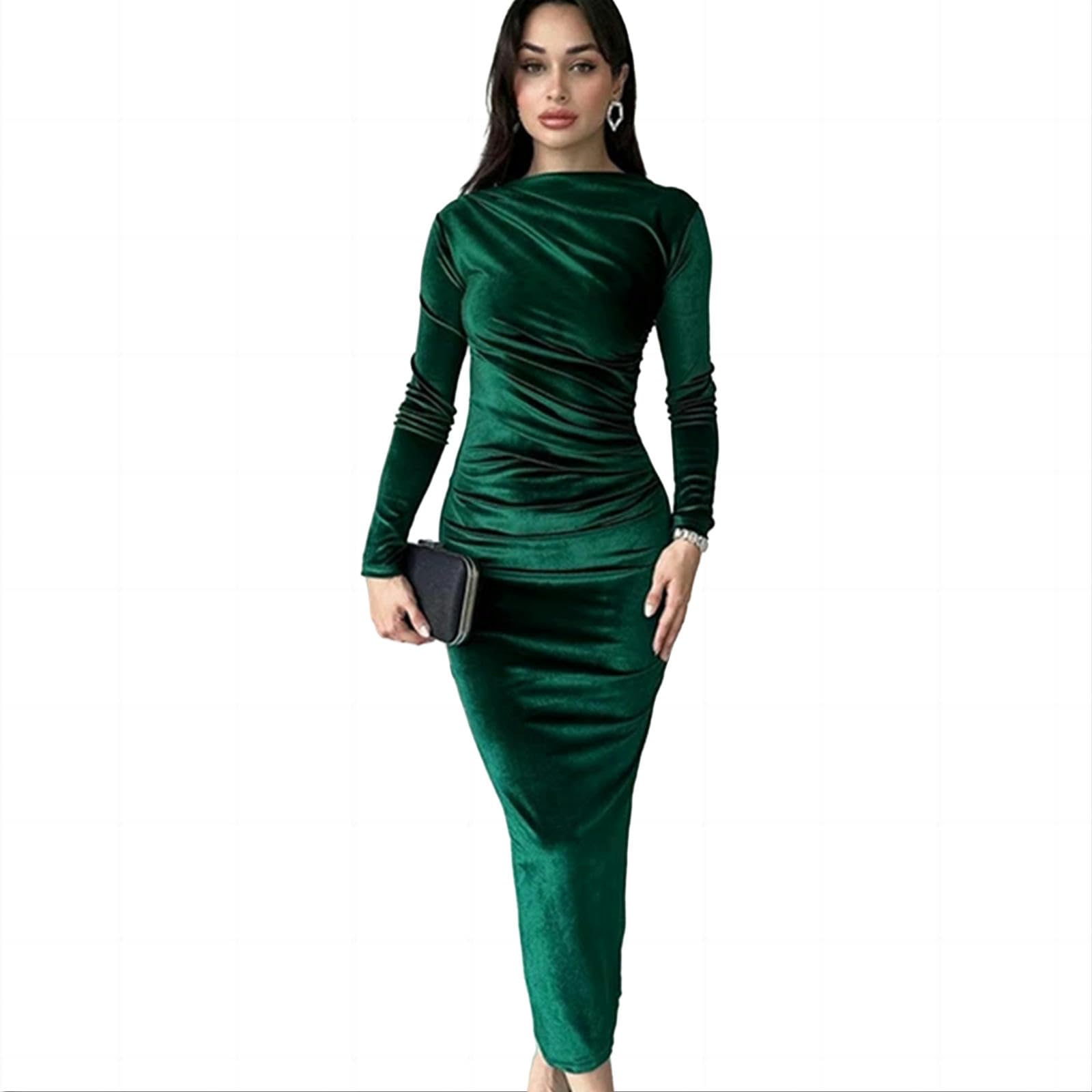Damskie sukienki z długim rękawem O Neck damskie ubrania bodycon sukienka midi marszczona elegancka sukienka na imprezę zimowe