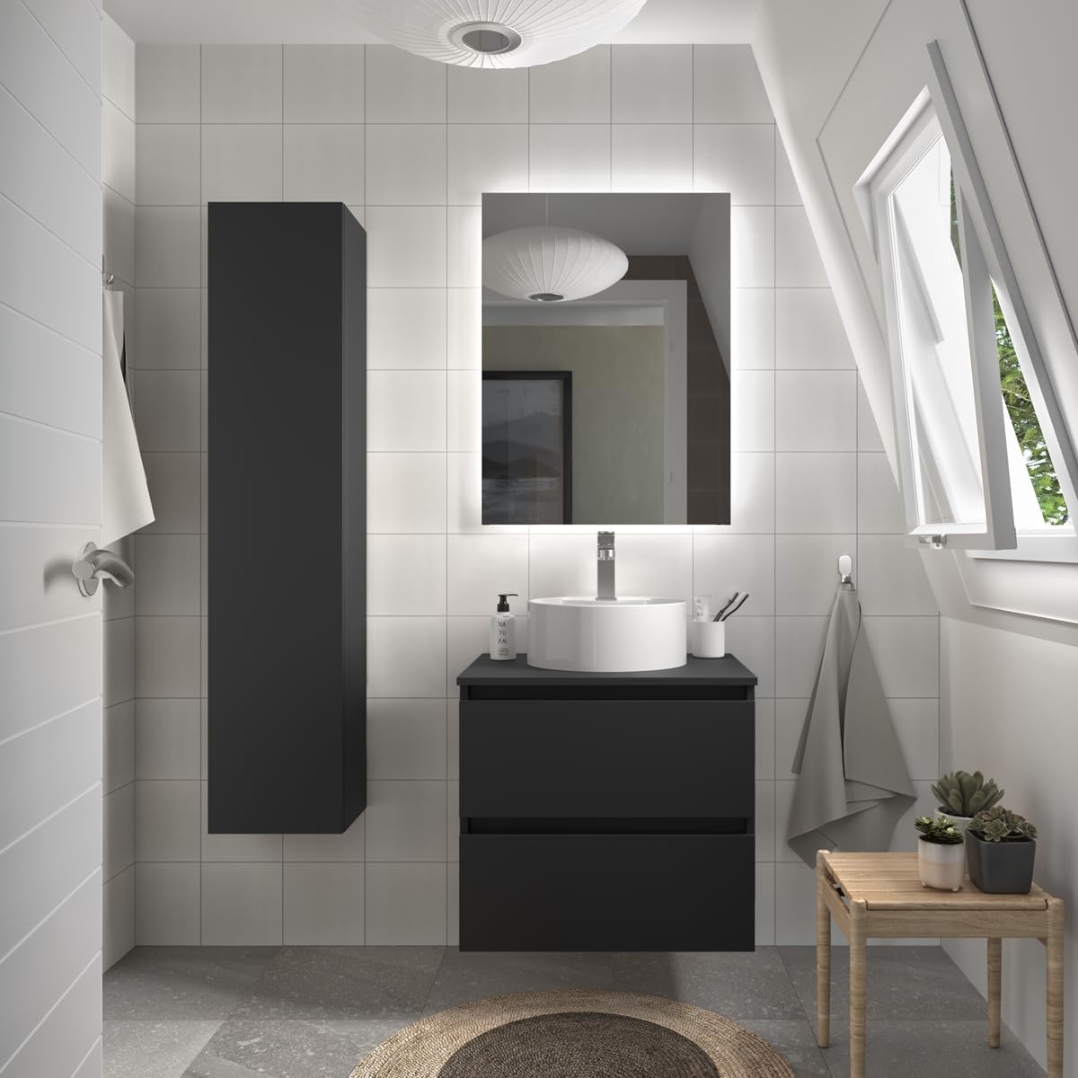 Mueble de baño Bequia 70 cm con Lavabo 100% montado de fábrica | Acabado Negro Mate suspendido 2 cajones Cierre amortiguado Apertura con uñero | Lavabo sobre encimera | Salgar