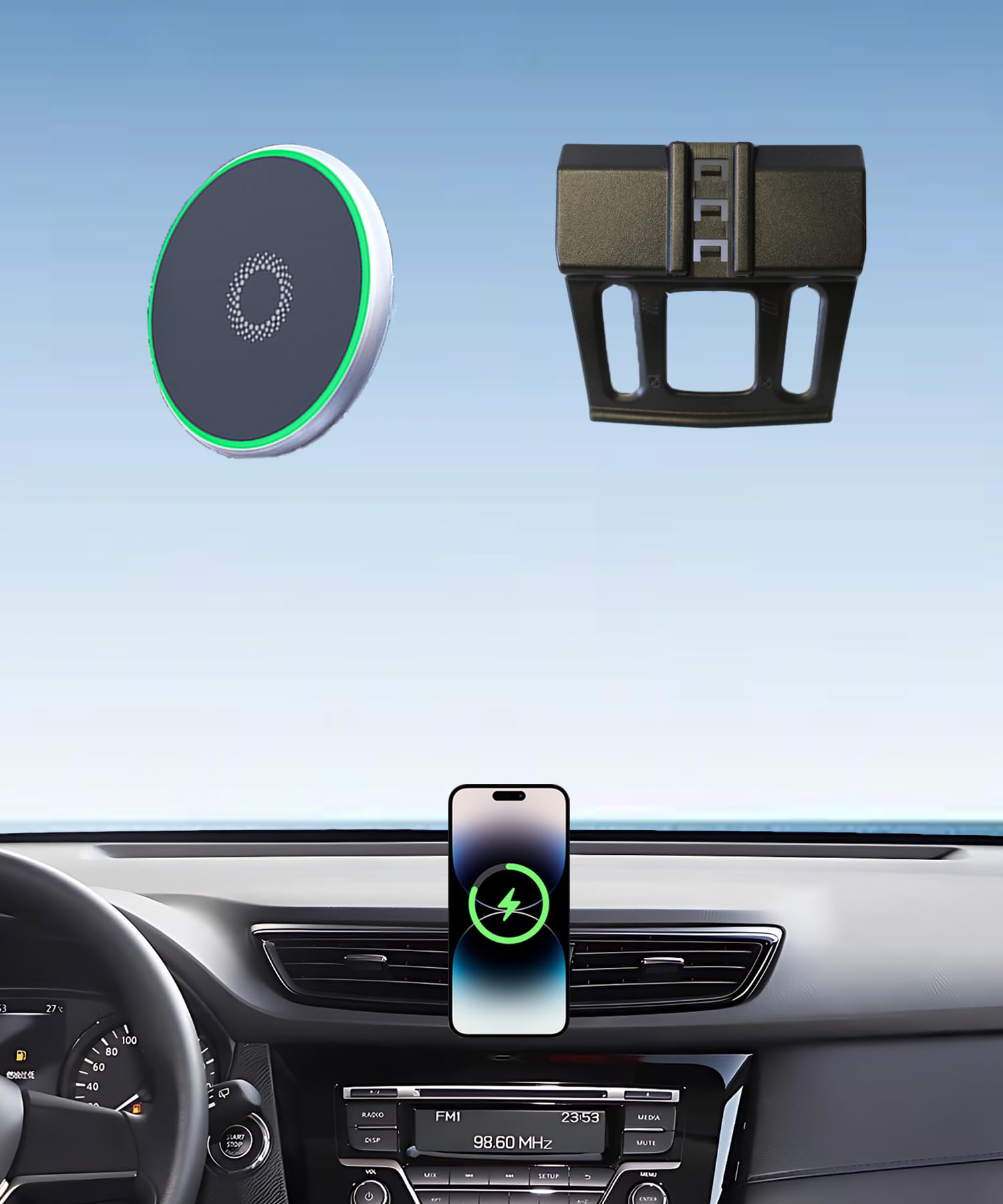 Support de téléphone de voiture pour Nissan Rogue 2014-2020 Accessoires 15 W Chargeur rapide sans fil réglable Support de téléphone portable mains libres Rotation à 360 degrés