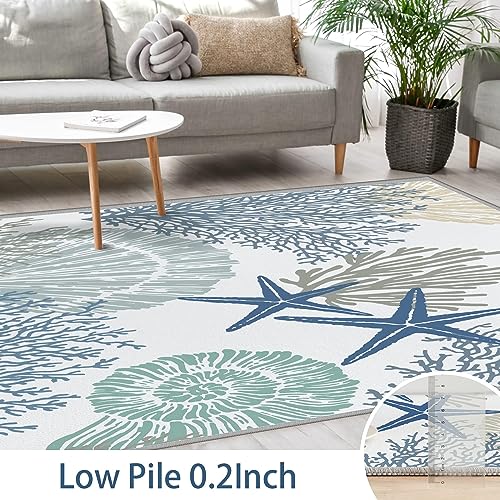 Image of Tritard 8x10 Washable Coastal Rug for Living Room, Bedroom, Blue
