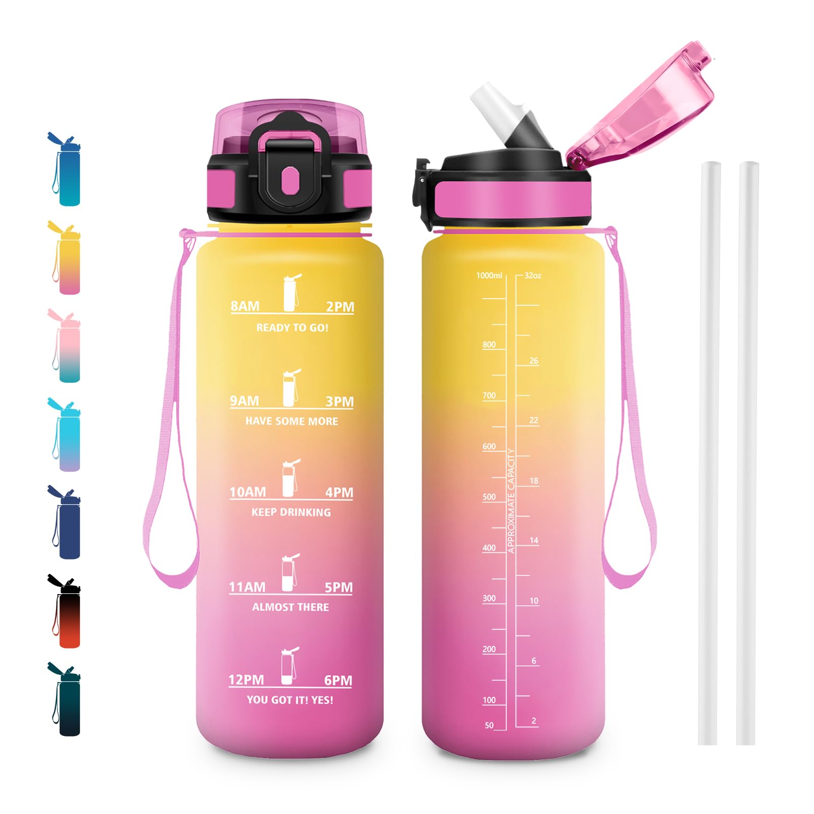 JAPORIA 1L Water Bottle with Straw, Water Bottle with Time Markers BPA Free for School, Office