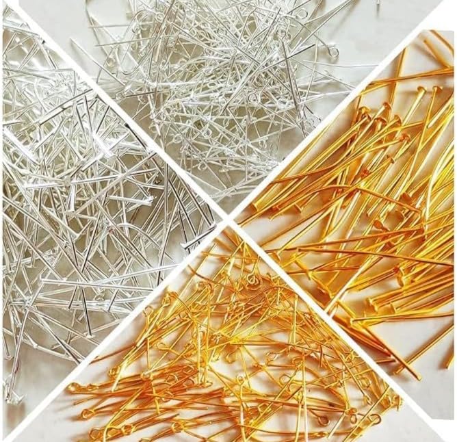 Kunjus 500 Pieces Jewellery Making Kit Materials for Earring Art and Craft Bracelets Anklets Jhumka DIY Projects Purpose Eye Pins, Head Pins Silver and Gold