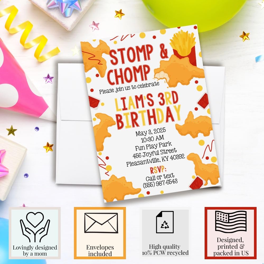 Custom Birthday Invitations Stomp & Chomp Dinosaur Chicken Nugget Birthday Invites for Kids Pack of 30 5x7 Custom Dino Nugget Invitation Cards With Thirty Envelopes - Unique Chicken Nugget Party Invites