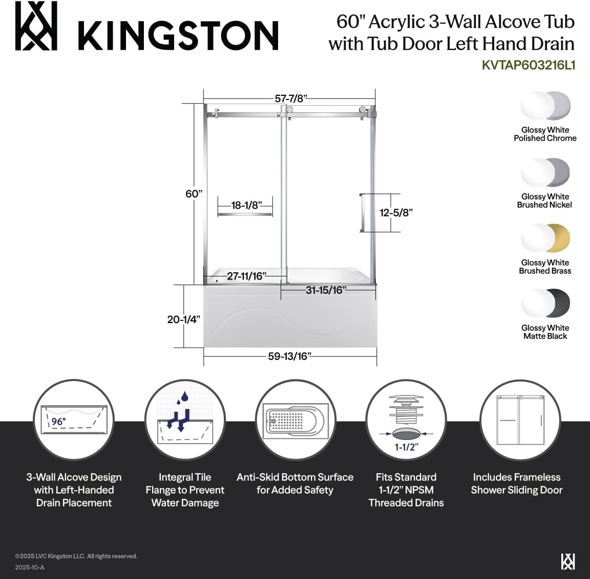 Kingston Brass KVTAP603216L7 60" Acrylic Rectangular 3-Wall Anti-Skid Alcove Tub with Tub Door, Left Hand Drain, White/Brushed Brass