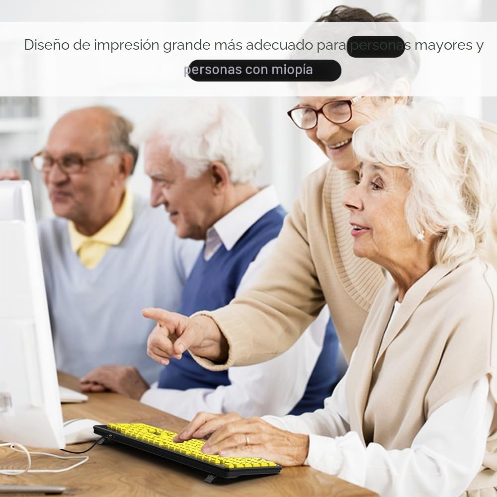 Teclado USB de Gran Fuente, Diseño Prueba, Rápido y Silencioso, Teclas Amarillas, Alto Contraste para Ancianos y con Discapacidad Visual