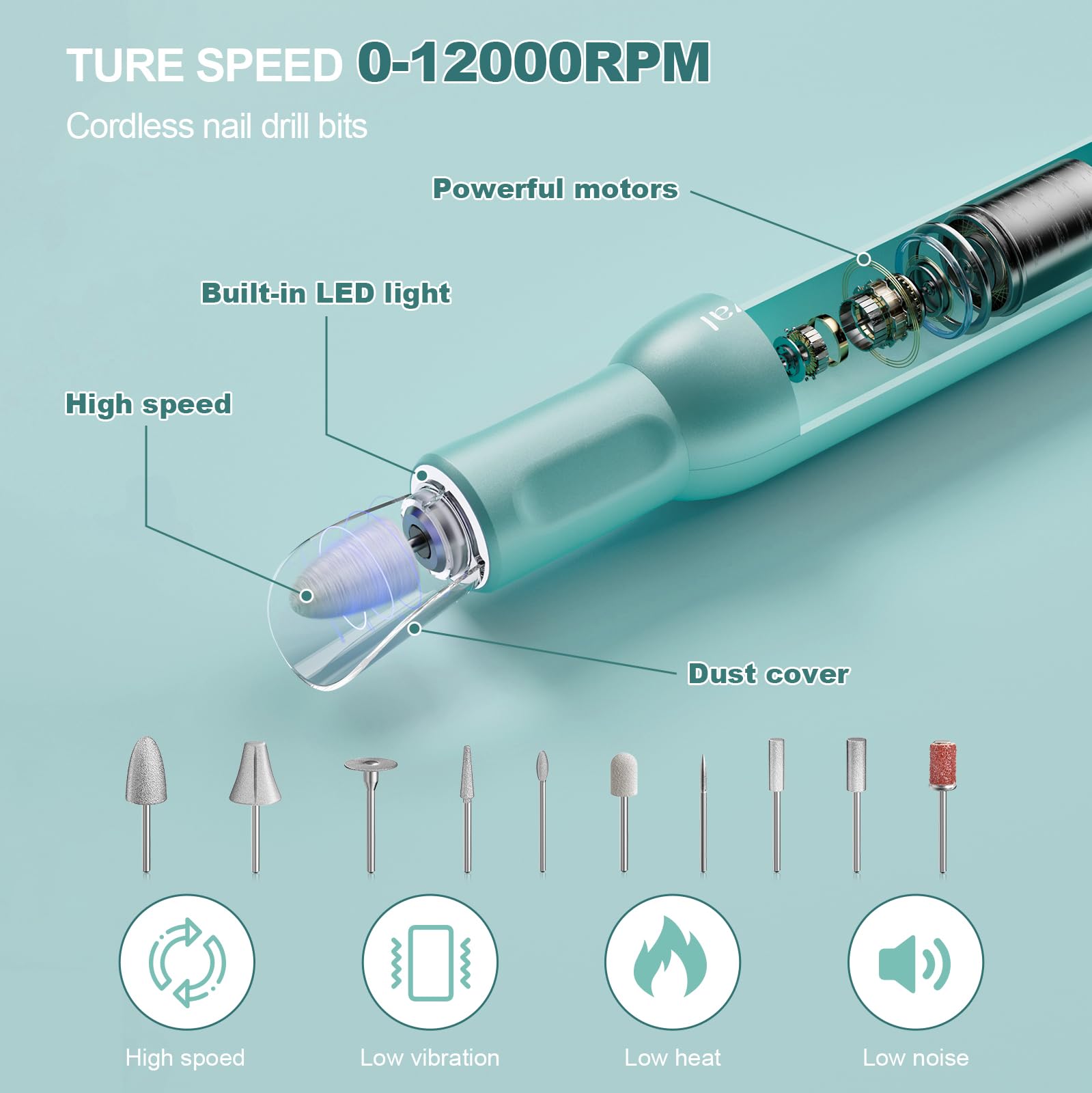 Kit de taladro de uñas, taladro eléctrico inalámbrico para uñas, kit profesional de 20000 rpm, lima de uñas eléctrica para uñas de gel acrílico, kit de uñas de e-file para salón de manicura en el 6